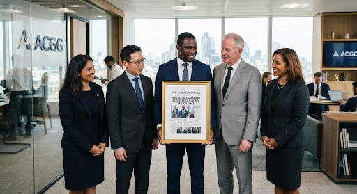 A professional group of diverse leaders holding a framed newspaper achievement.